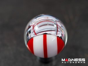 MINI Cooper Gear Shift Knob - Chrome Housing - Red w/ White Racing Stripes Design